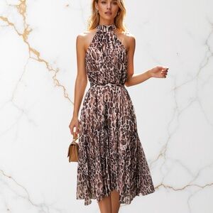 Tea & Cup Leopard Print Pleated Halter Maxi Sundress - Size Small